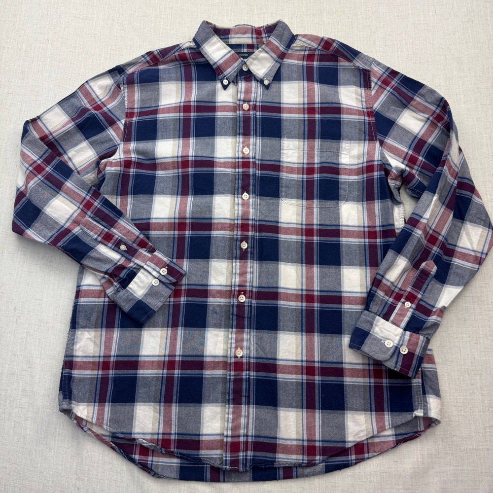 Saddlebred Plaid Button Down Shirt Mens Large Navy Burgundy Cotton Oxford